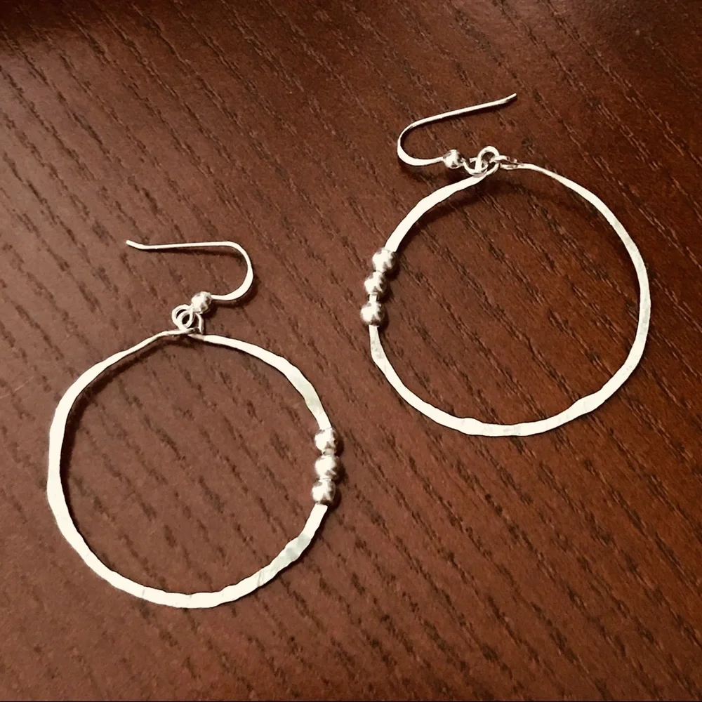 Beaded Hoop Dangle Earrings Sterling Handmade 925 - Picture 2 of 3